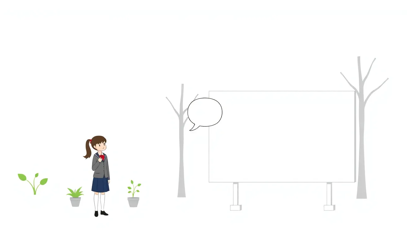 "A minimalist educational infographic for a middle school science question. A schoolgirl in a uniform stands as a guard near plants and trees in a schoolyard, next to a large blank sign. A speech bubb