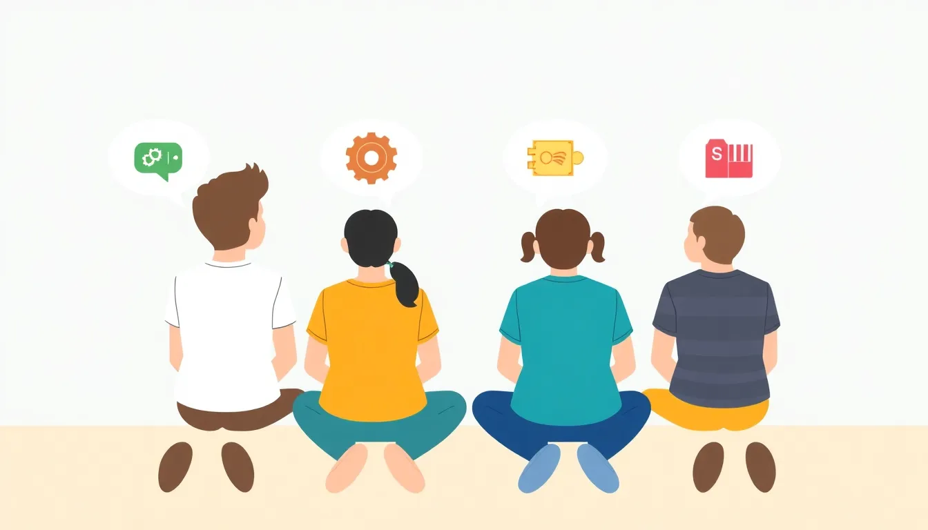 A clean educational infographic diagram with four diverse middle school students sitting in a circle, each holding a speech bubble with gear or puzzle icons inside, symbolizing listening and