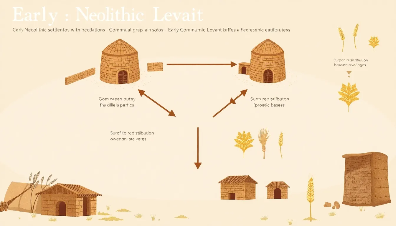 A clean educational infographic showing early Neolithic Levant settlement ruins with communal grain silos, surplus redistribution arrows between dwellings, botanical data icons like wheat and