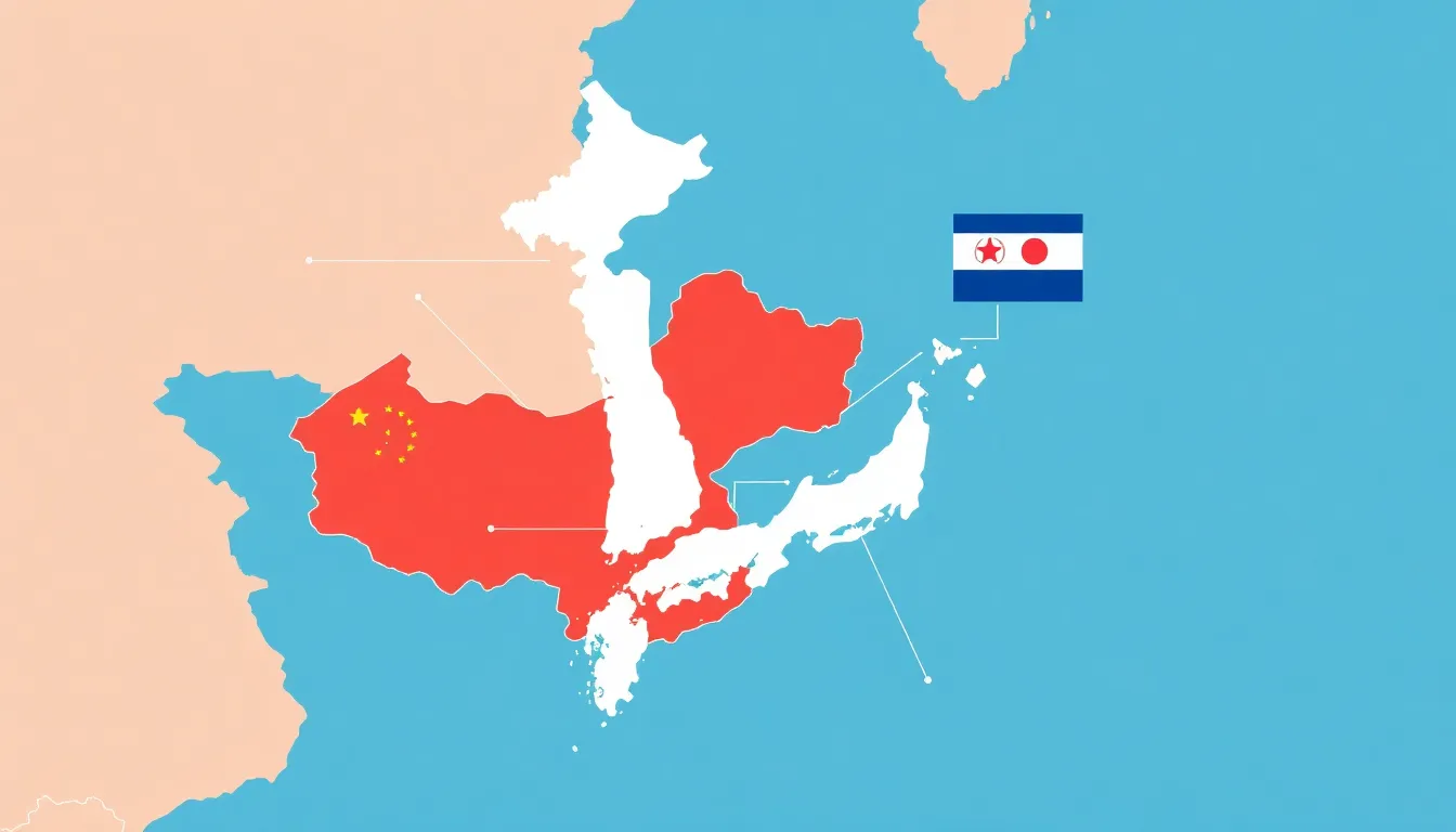A minimalist educational diagram showing Japan's geopolitical position: Japan as a central island nation, surrounded by Russia, China, North Korea, and South Korea as neighboring countries, w