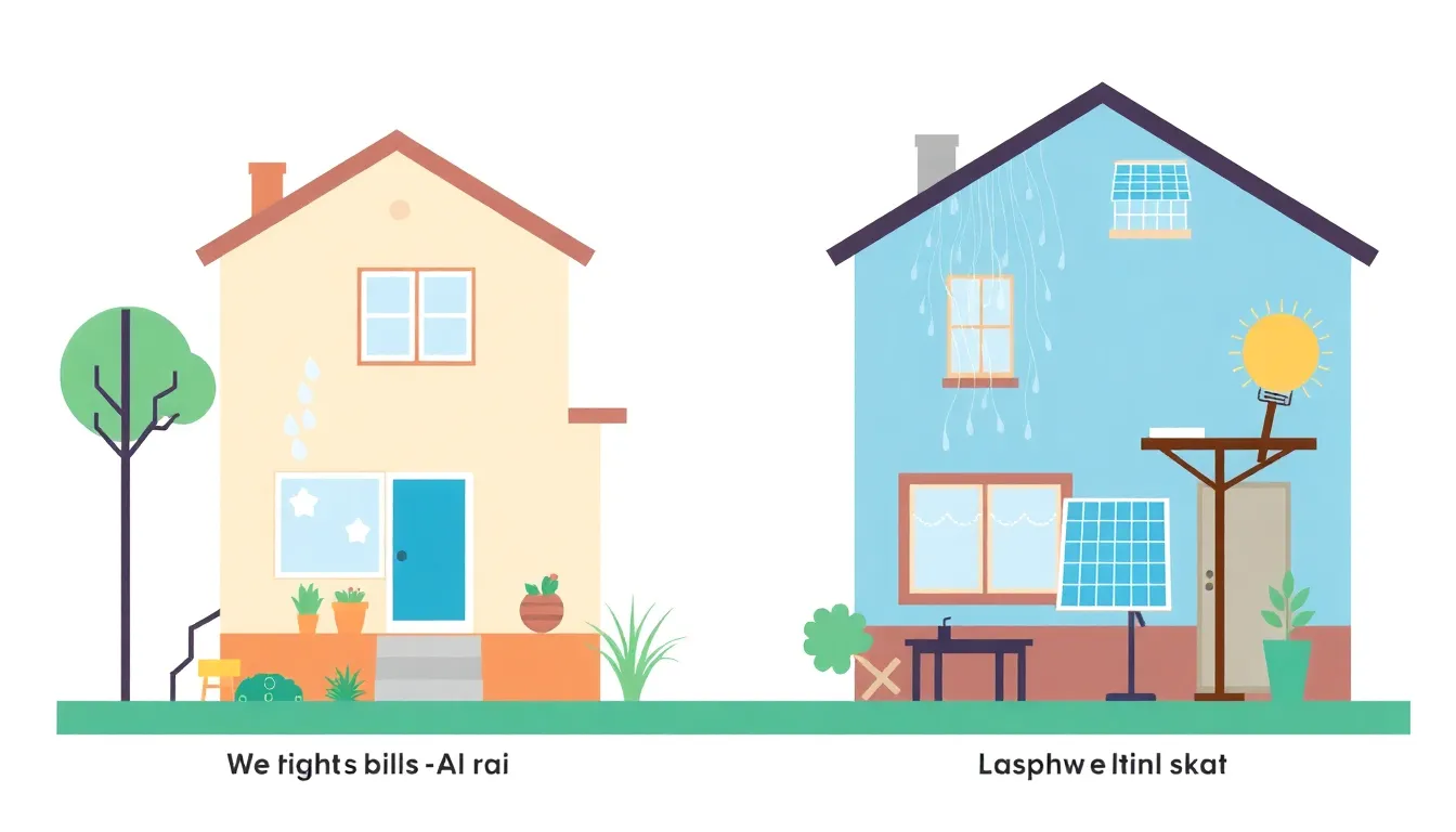 Design a minimal educational infographic comparing two neighbors: Ali wasting water and electricity with high bills, Hasan using rainwater and solar energy with low bills. Side-by-side clean