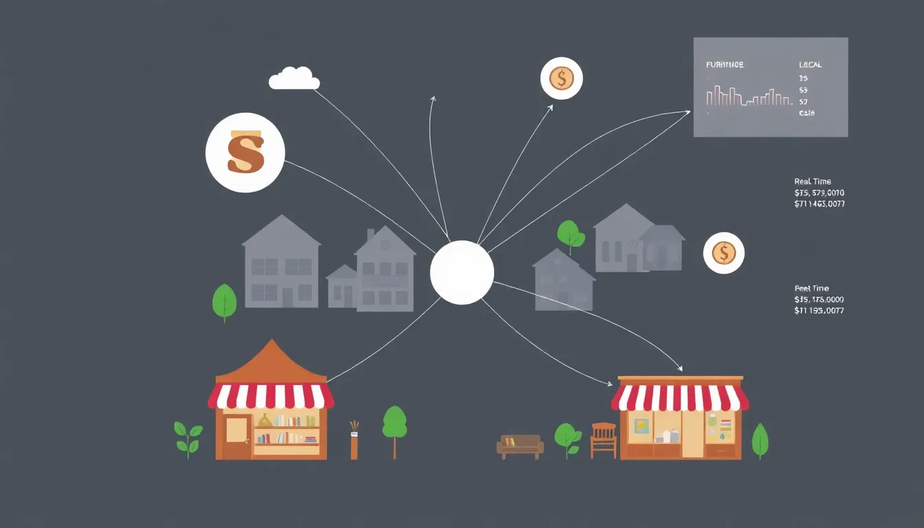 An infographic diagram of a small town with local shops (herbalist, painter, furniture store), connected by a digital network tracking real-time income and expense flows. Clean, minimal, educ