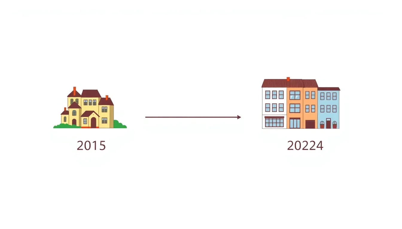 A clean infographic diagram showing a single observation point labeled "2015" with an old historic neighborhood of small houses, and the same point labeled "2024" showing modern renovated buildings. A