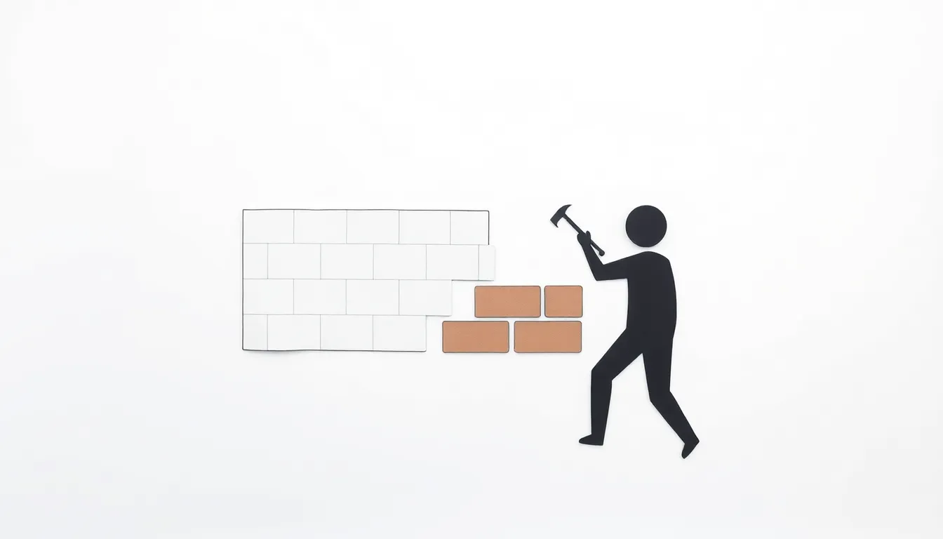 A minimal educational diagram on a white background. A large barrier icon (wall or brick) divides two abstract human silhouettes. One figure is actively dismantling the barrier using a tool l