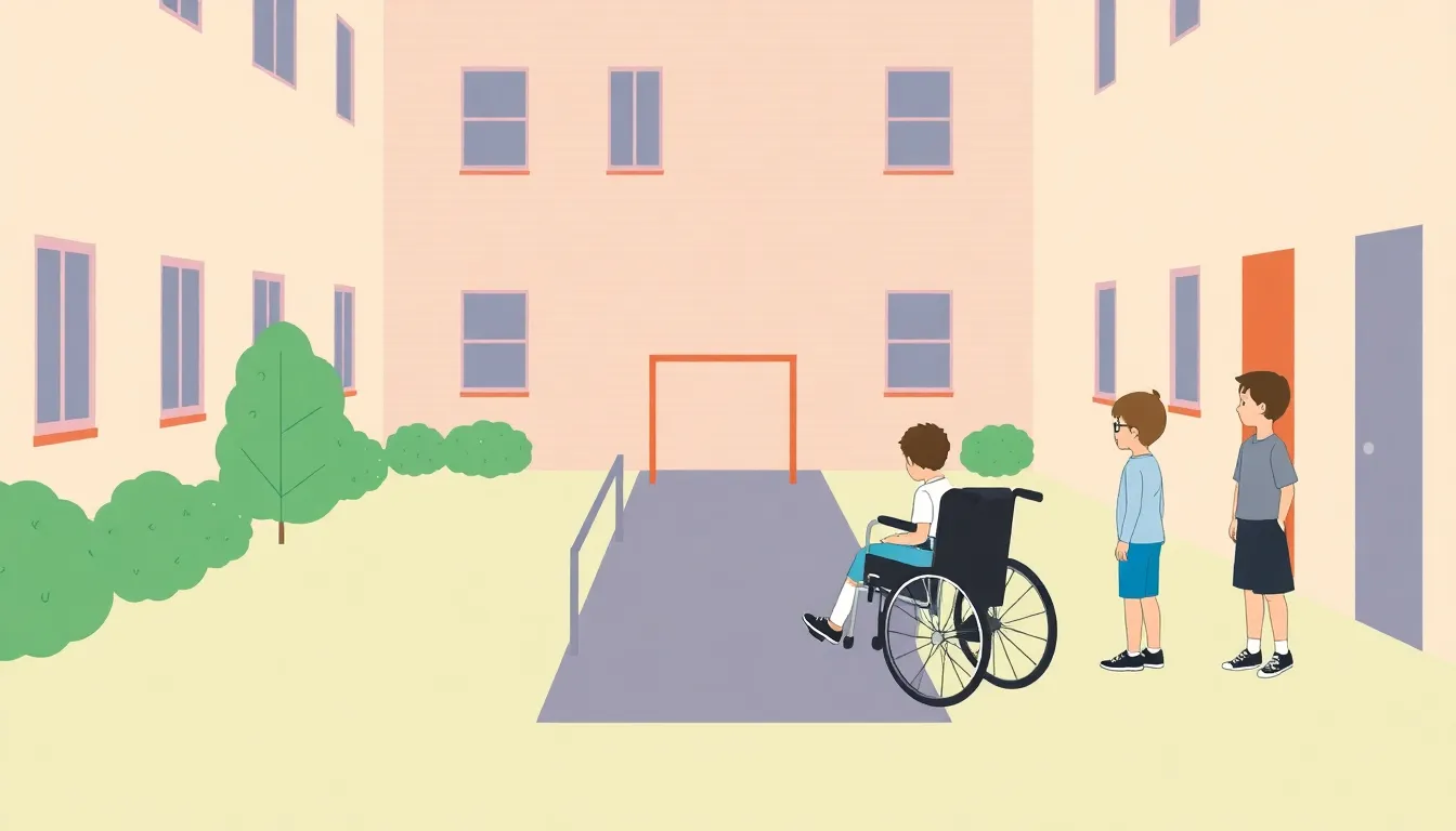 A minimal educational infographic showing a school courtyard with a wheelchair ramp leading to the back area instead of the playground. A student in a wheelchair and another student observing the ramp