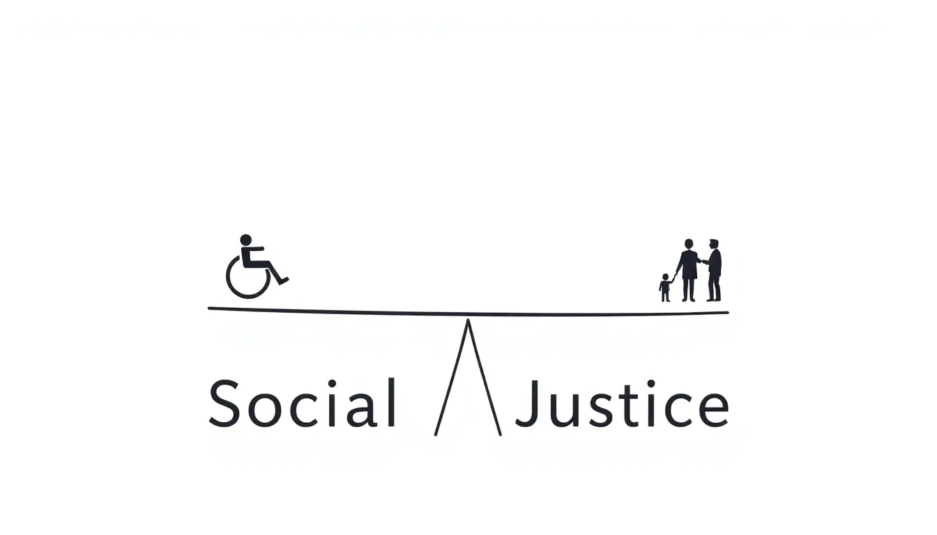 A minimal educational diagram on a white background. A scale tipping down on one side with icons of disadvantaged groups (wheelchair, elderly, minority), causing the word “Social Justice” to