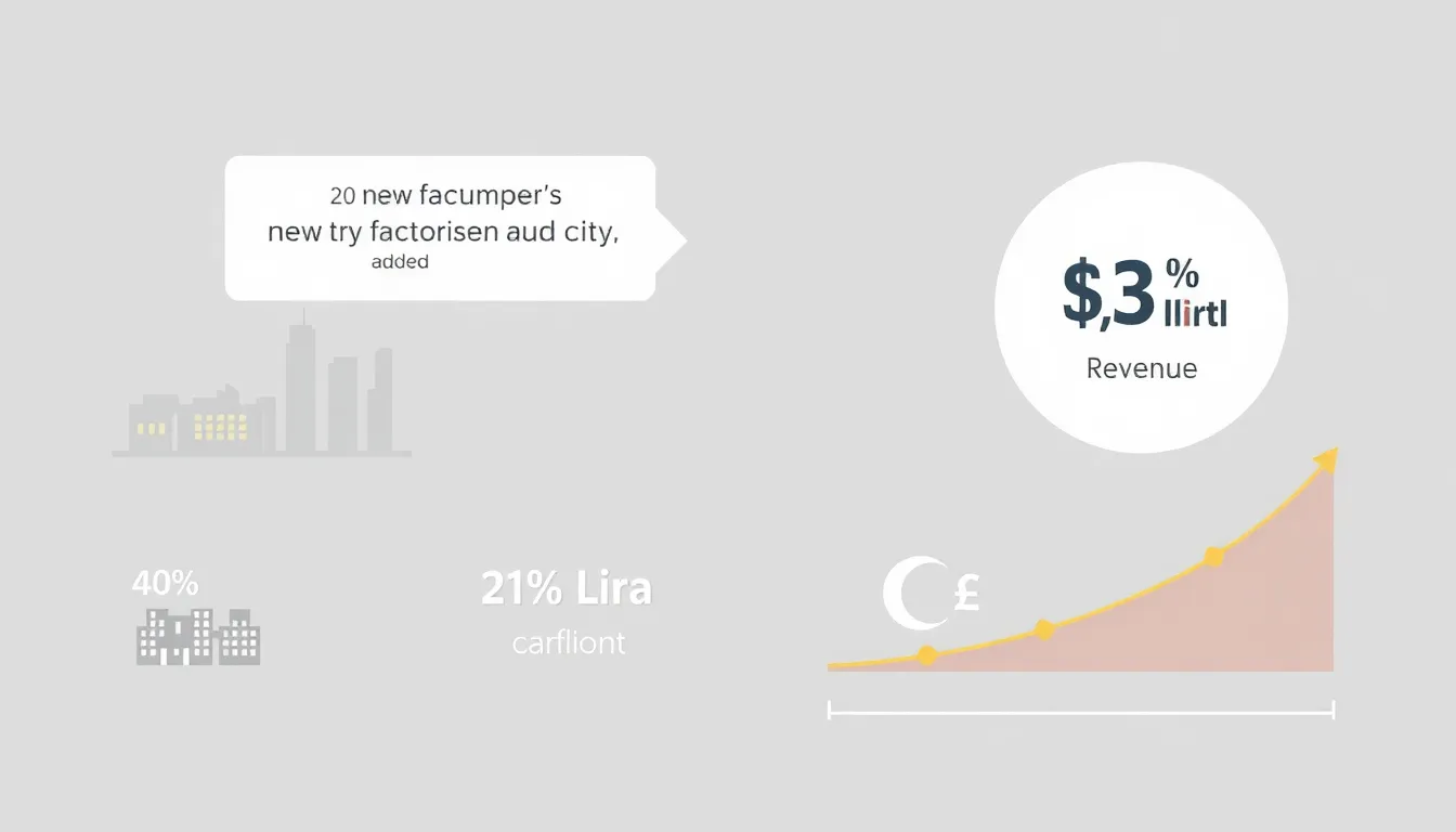 A minimalist educational infographic showing a city skyline with 20 new factories added, a 40% employment growth arrow, and a 3 billion lira revenue symbol, but a poverty line chart remains f