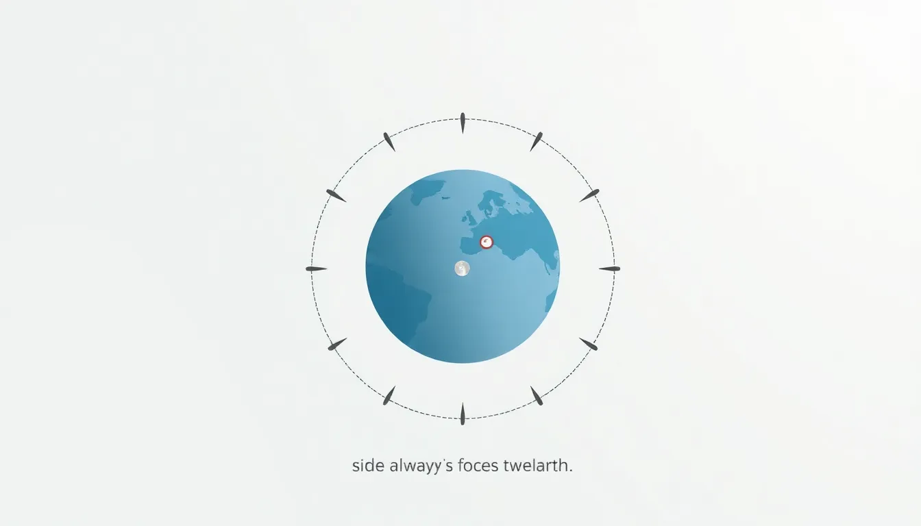 Educational infographic showing Moon's synchronous rotation around Earth: one side always faces Earth. Minimal diagram with light background. Clean LGS-style visuals, no text. Moon with marke