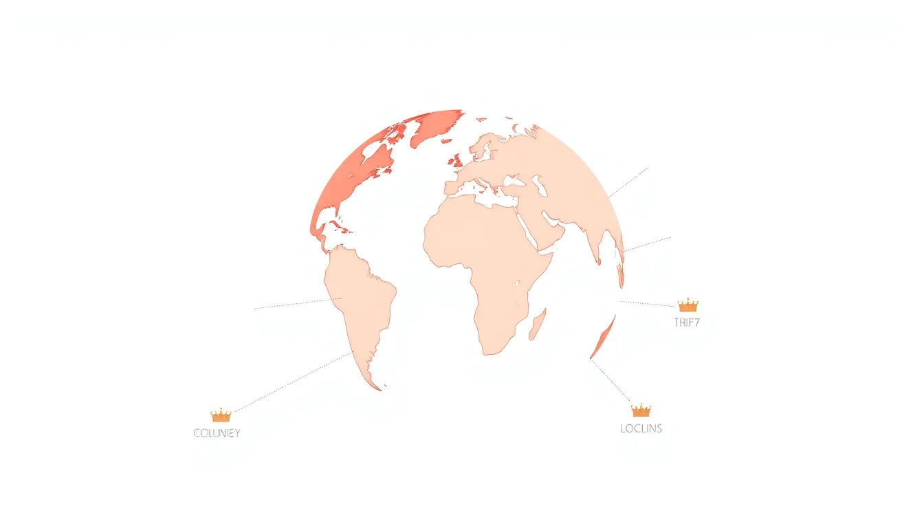 A clean, minimal educational infographic on white background. A central globe with British colonies highlighted in muted red. Thin dotted lines connect colonies to small local crowns or triba