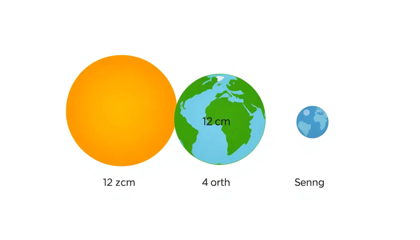A clean educational diagram showing three balls on a white background: a large orange ball (12 cm diameter) labeled as Sun, a medium green ball (4 cm diameter) labeled as Earth, and a small g