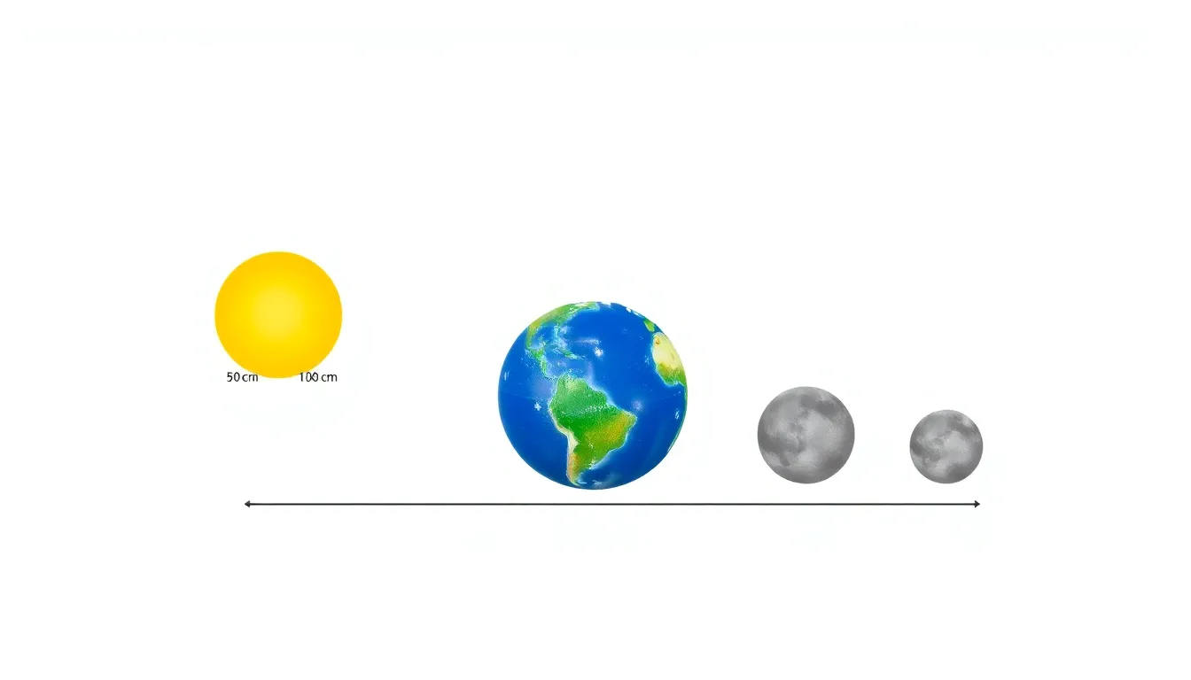 A minimal educational diagram showing a yellow beach ball (50 cm diameter) labeled as Sun, a blue basketball (10 cm) as Earth, and a gray ping-pong ball (2.5 cm) as Moon, with a straight 15-meter line
