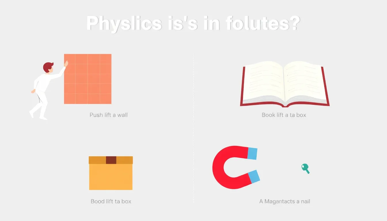 Create a clean educational infographic showing four scenarios for a physics question: a person pushing a wall, a book resting on a table, a hand lifting a box, and a magnet attracting a nail.