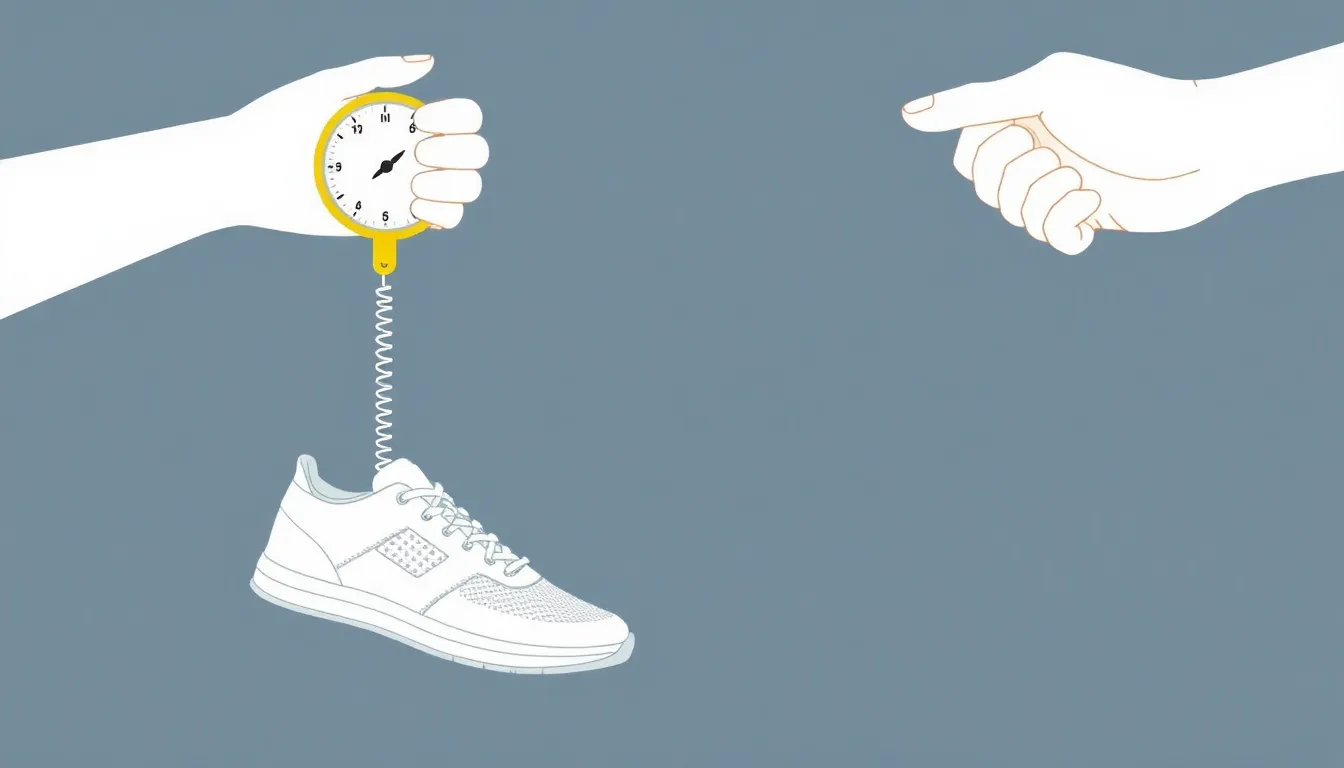 A clean educational diagram showing a hand holding a yellow spring dynamometer vertically, with a white sports shoe hanging from the hook. The dynamometer scale clearly indicates 18 N. Minima