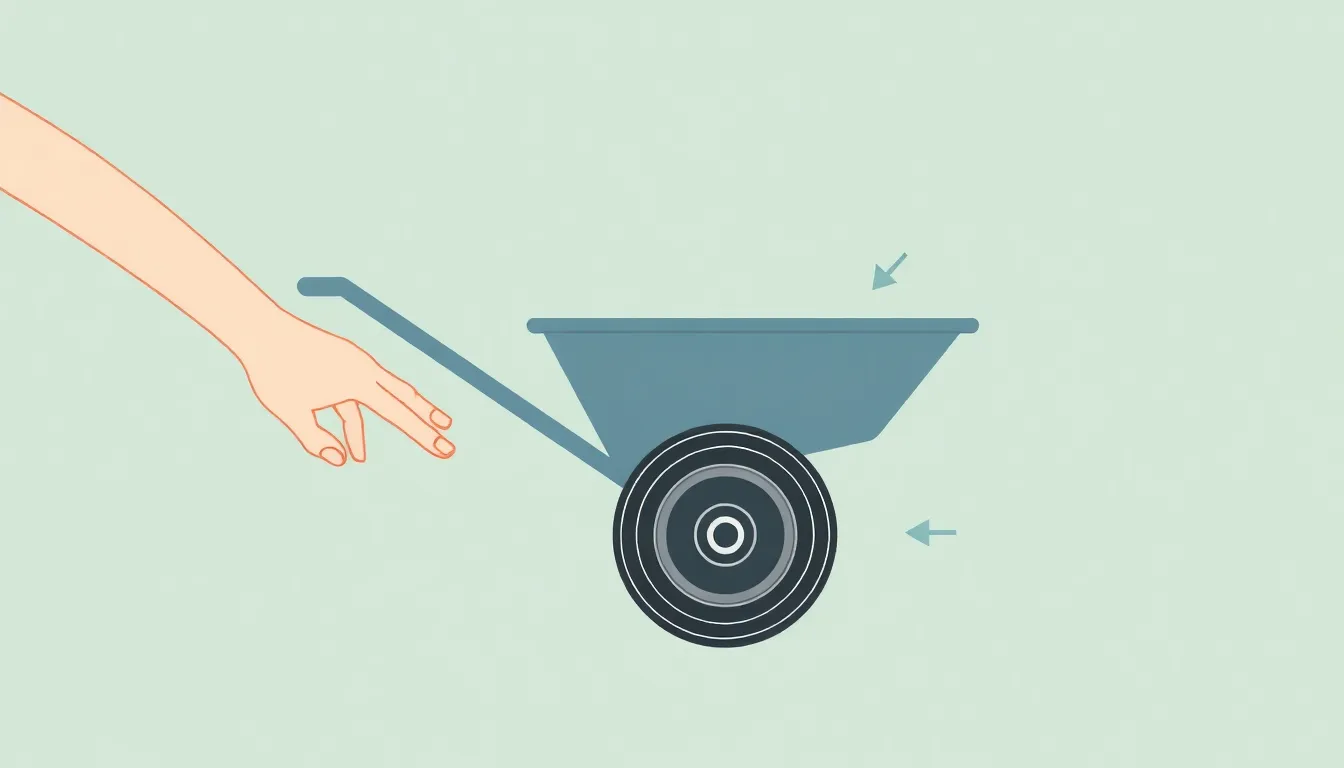 A minimalist educational diagram showing a hand pressing down on a stuck wheelbarrow wheel with visible deformation lines on the wheel's rubber surface, while arrows indicate applied force and static