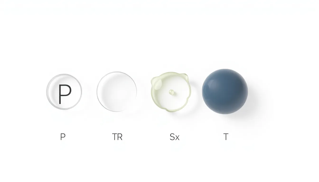 A minimalist educational infographic showing four labeled objects P, R, S, T on a white background. Each object has a different light transmittance: transparent, translucent, opaque. Below ea