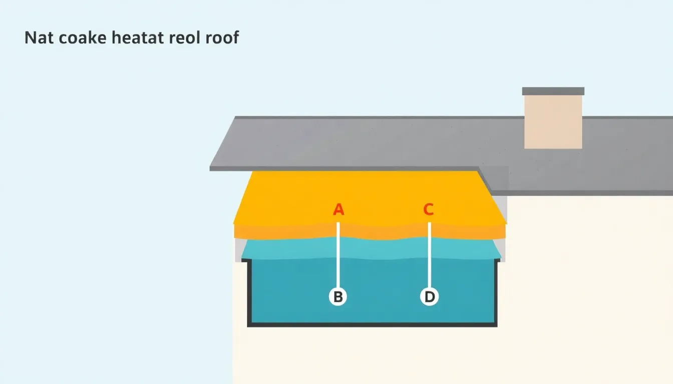 A minimalist educational infographic-style diagram showing a cross-section of an office building roof with different coating materials labeled A, B, C, D. Arrows indicate heat loss from insid