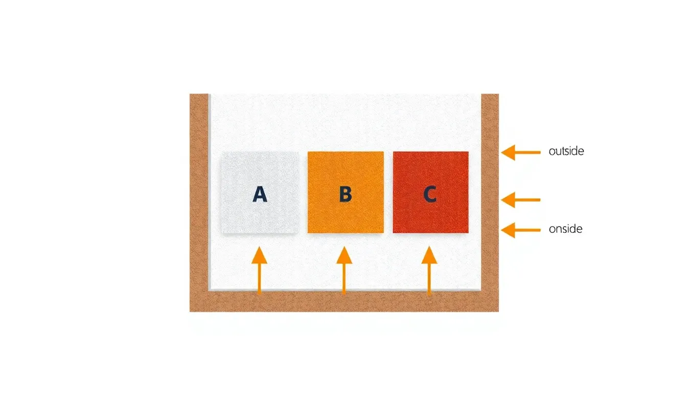 A clean educational diagram showing a cross-section of a building wall with three labeled material samples (A, B, C) on a light background, illustrating heat flow arrows from outside to insid