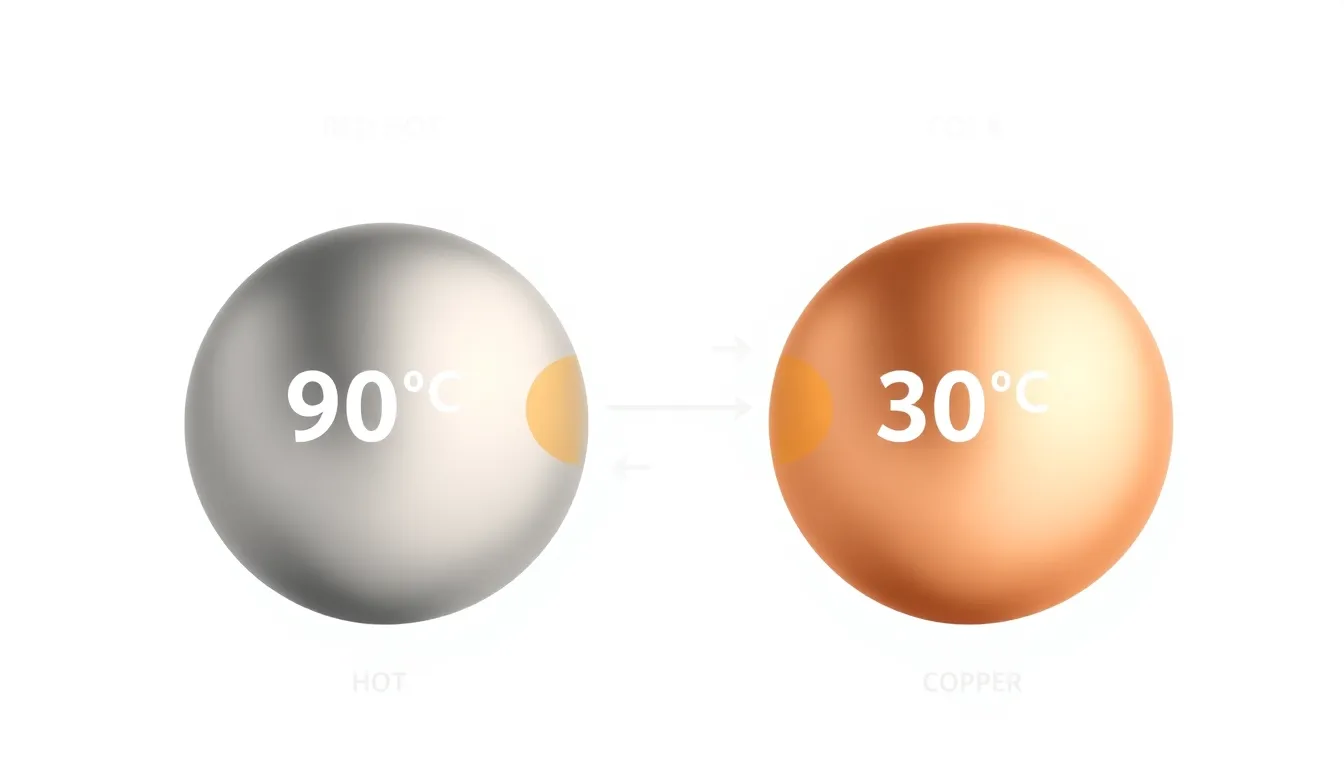 A clean educational infographic showing two metal spheres touching: one red-hot iron ball at 90°C, one cool copper ball at 30°C, with heat flow arrows moving from hot to cold. Minimal white b