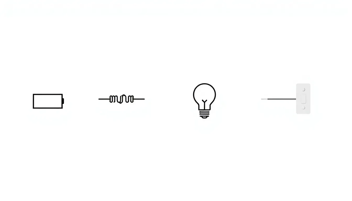 A clean, minimal infographic showing four common electrical circuit symbols (battery, resistor, bulb, switch) on a white background, plus a simple wire or connecting line with no symbol next