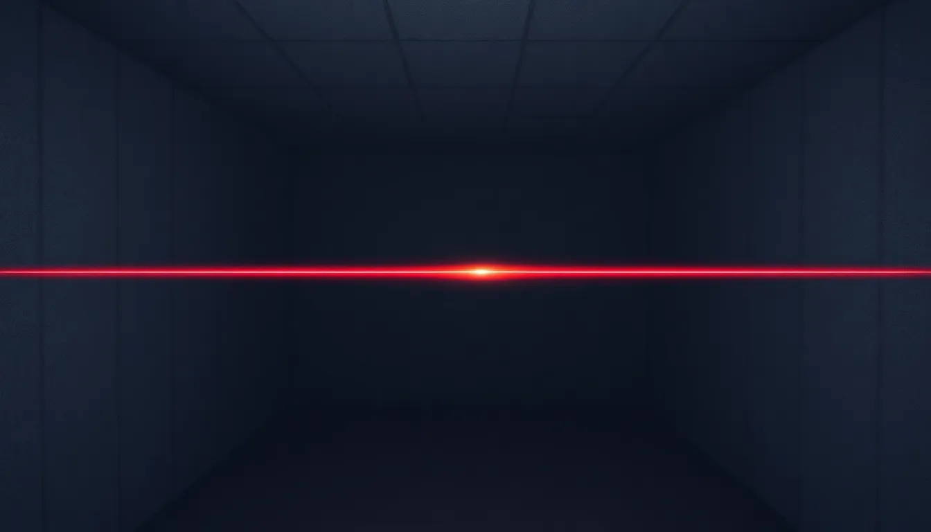 A minimal educational diagram showing a red laser beam traveling horizontally through dusty air inside a dark storage room. The laser line is clearly visible as a straight, glowing red path d