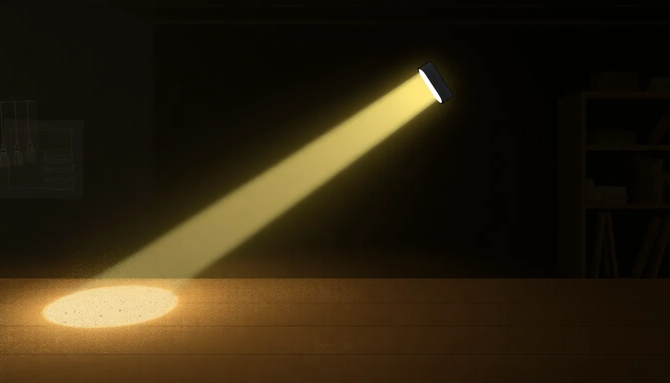 A minimalist educational diagram showing a powerful flashlight emitting a straight, unbranched light beam through a dim workshop. Fine wood dust particles are visible along the beam's path, g