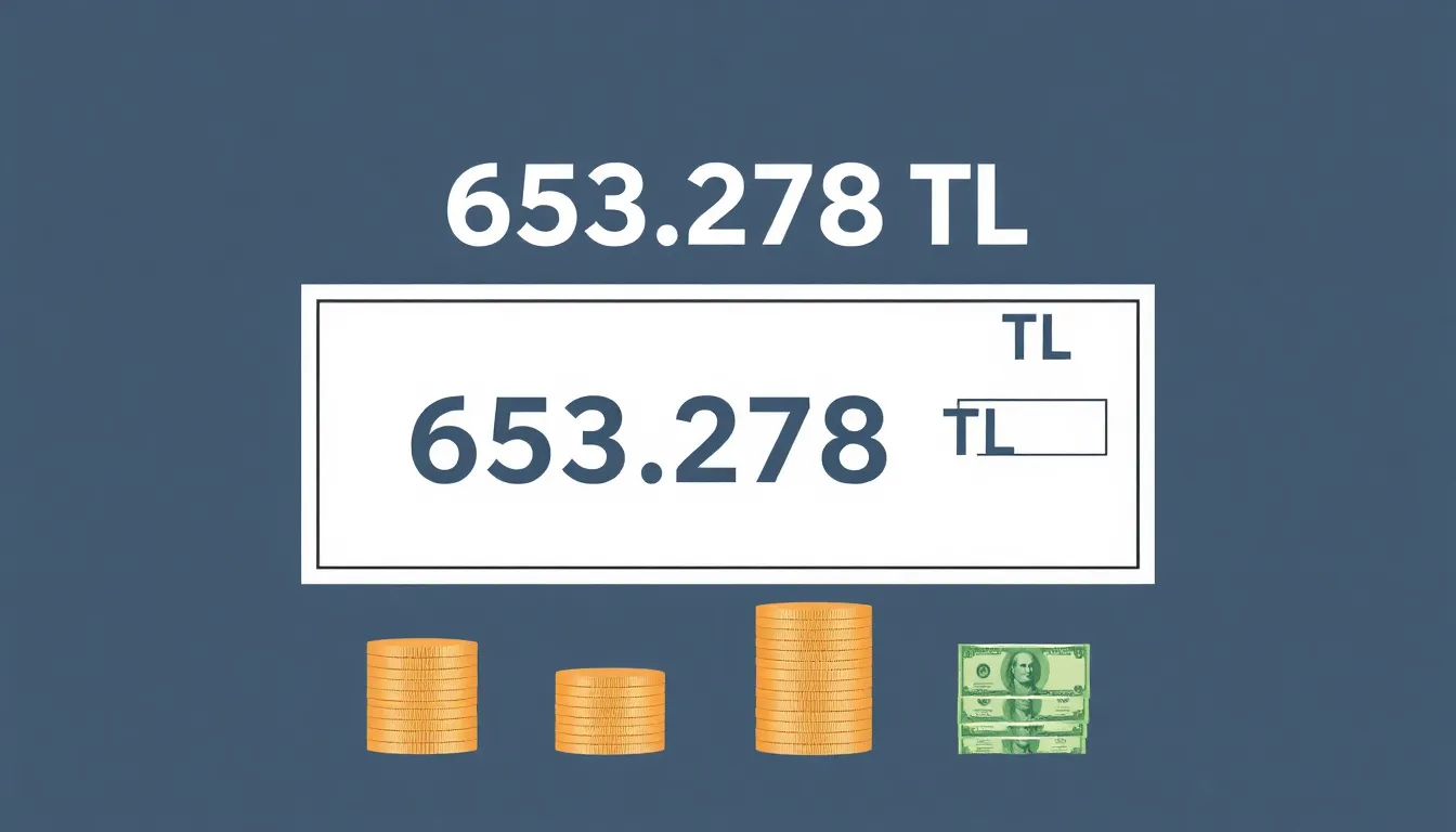 A minimal educational infographic showing a single large donation check with "653.278 TL" written in digits. Below, matching stacks of coins and banknotes visually represent the number's plac