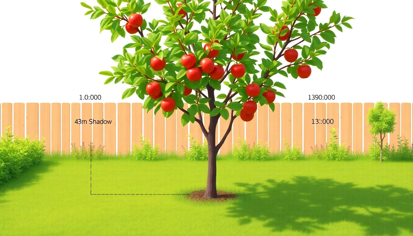 A minimalist educational diagram showing a 3-meter apple tree in a sunny garden. Three labeled sun positions at different angles: left at 10:00 with a 4-meter shadow, directly above at 13:00 with a 0.