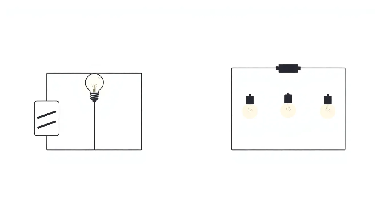 A clean educational infographic diagram: two simple electric circuits side-by-side on a white background. Left circuit: 1 battery, 1 bulb, bright glow. Right circuit: 1 battery, 3 bulbs in se