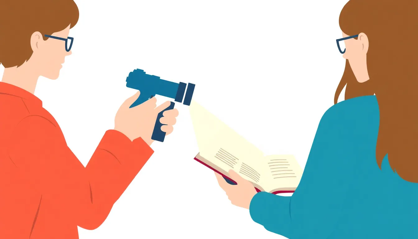 A minimal educational diagram for a science classroom activity. Three student groups: Group 1 uses a flashlight and book, showing light hitting a book. Clean flat vector style, white backgrou