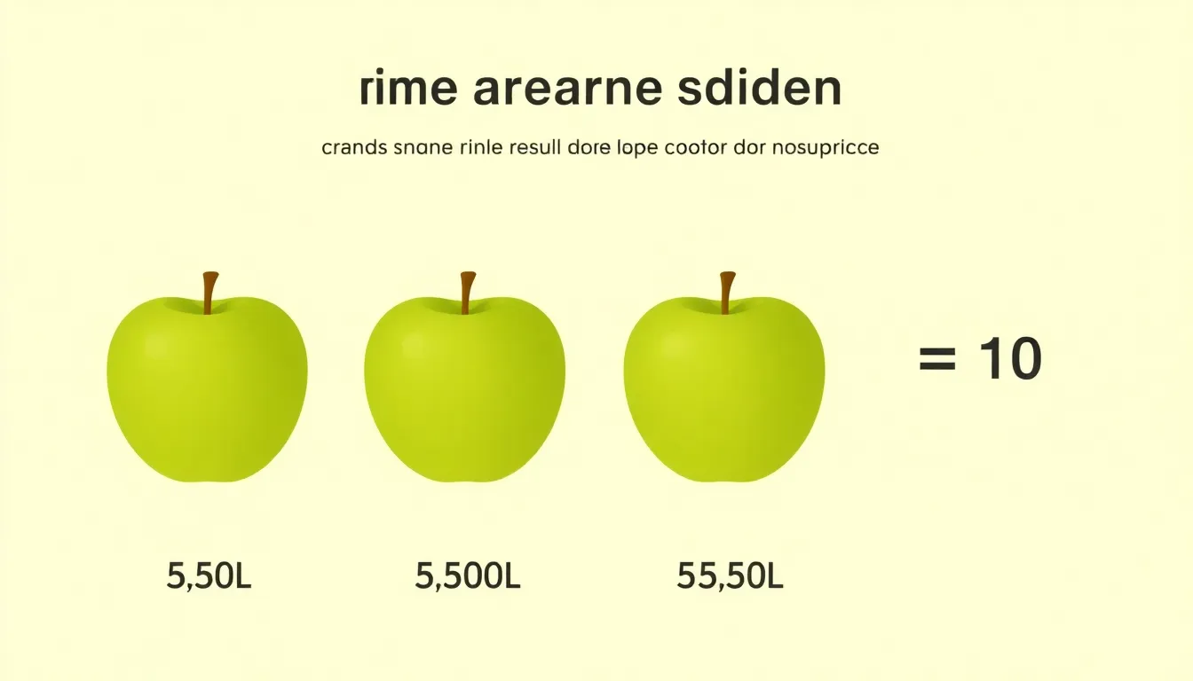 A minimalist educational infographic: a neat row of 4 whole green apples, with a subtle price label of 5.50 TL beneath each apple. A clean, equal sign and a total area showing the result of m