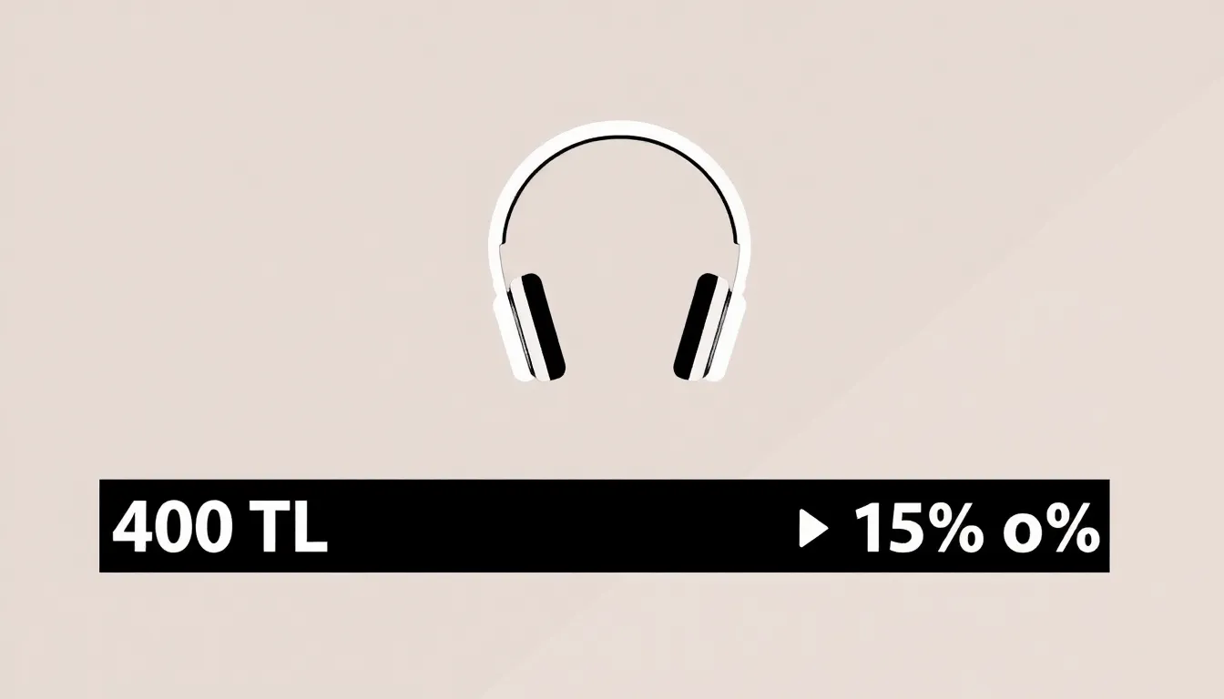 A simple clean infographic showing a single black headphone silhouette. Below it, a horizontal segmented bar diagram: first a full bar labeled "400 TL," then an arrow showing a 15% price drop