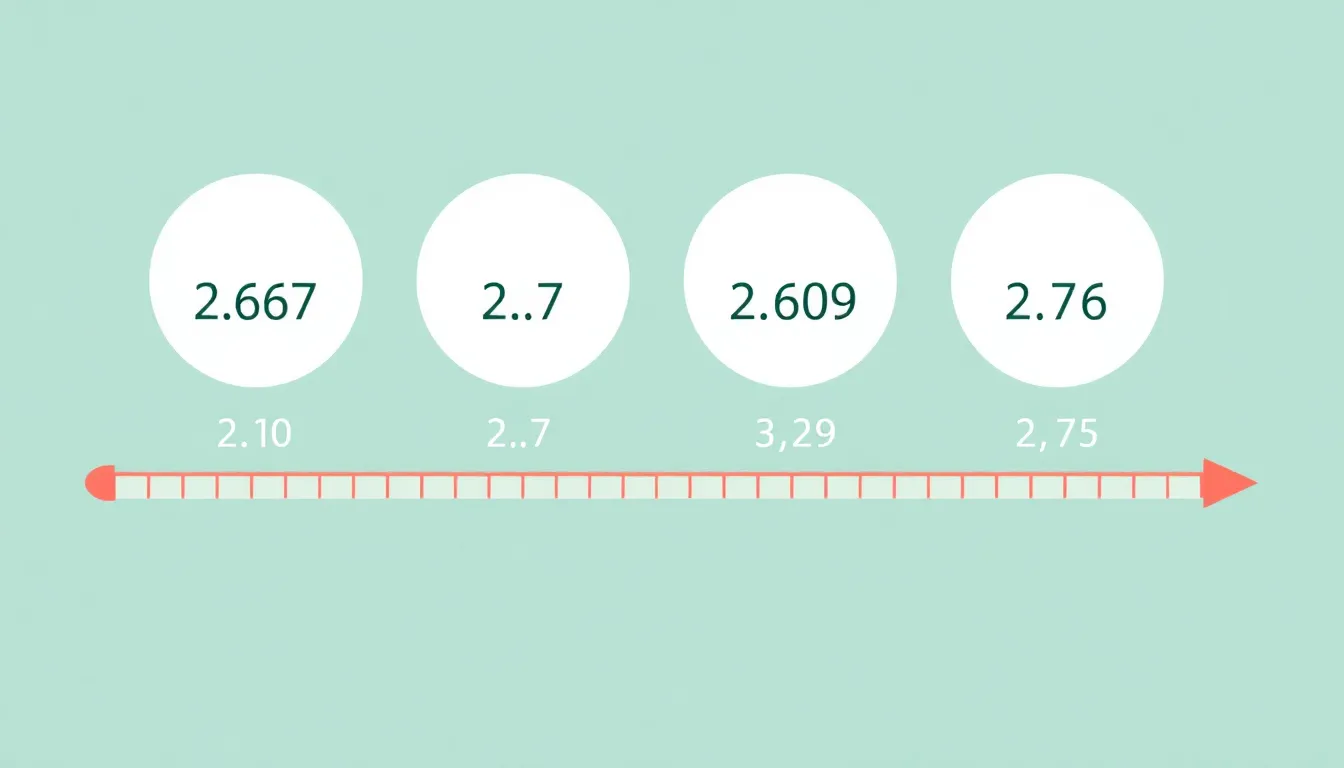 A clean educational infographic showing four decimal numbers 2.67, 2.7, 2.609, 2.76 on a horizontal number line with tick marks. Each decimal is clearly plotted as a point above its position.