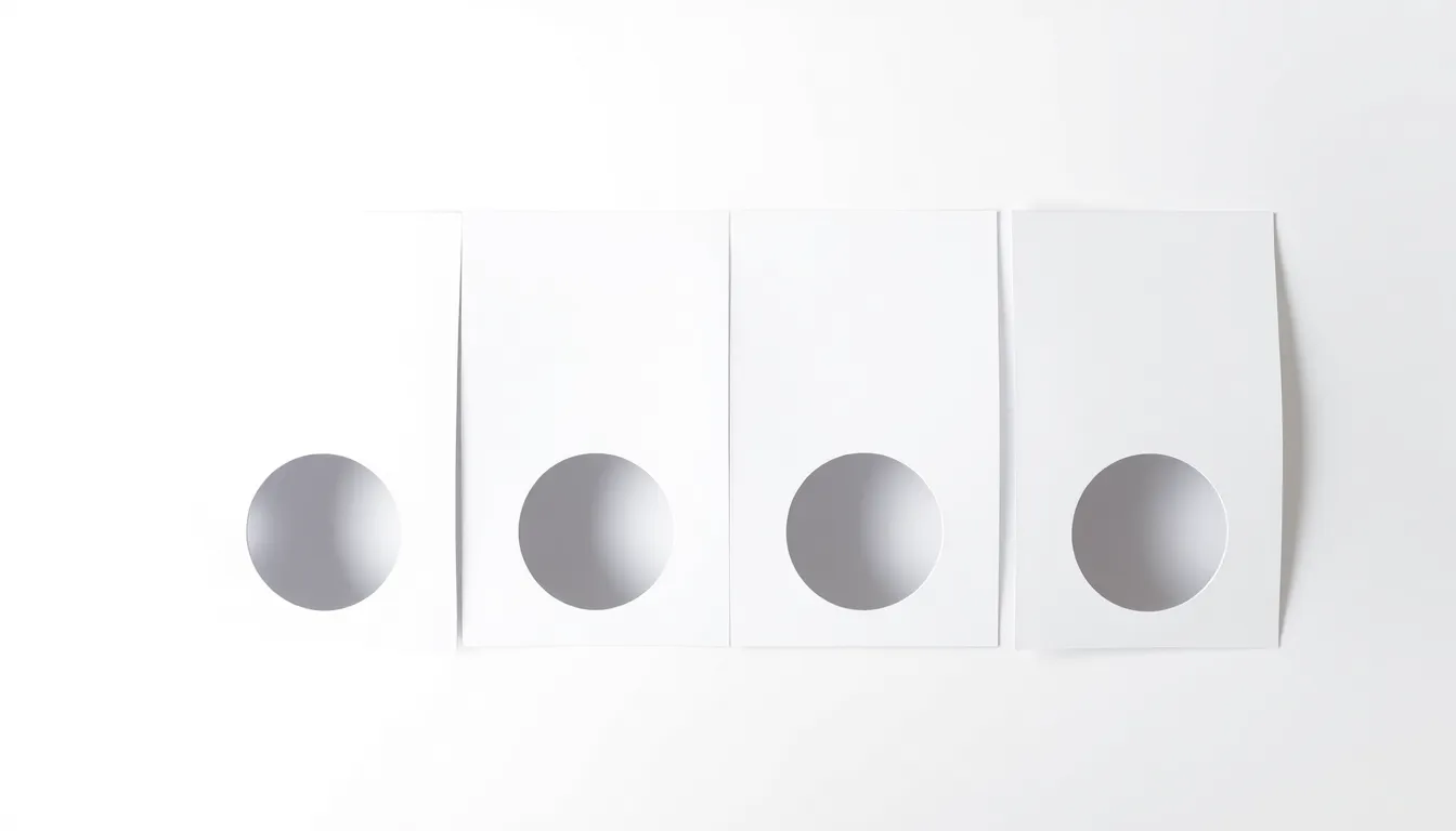 A clean educational diagram on a white background. Four identical white cardboard sheets with identical center holes are aligned vertically. The first sheet has a flashlight in front. The fourth sheet
