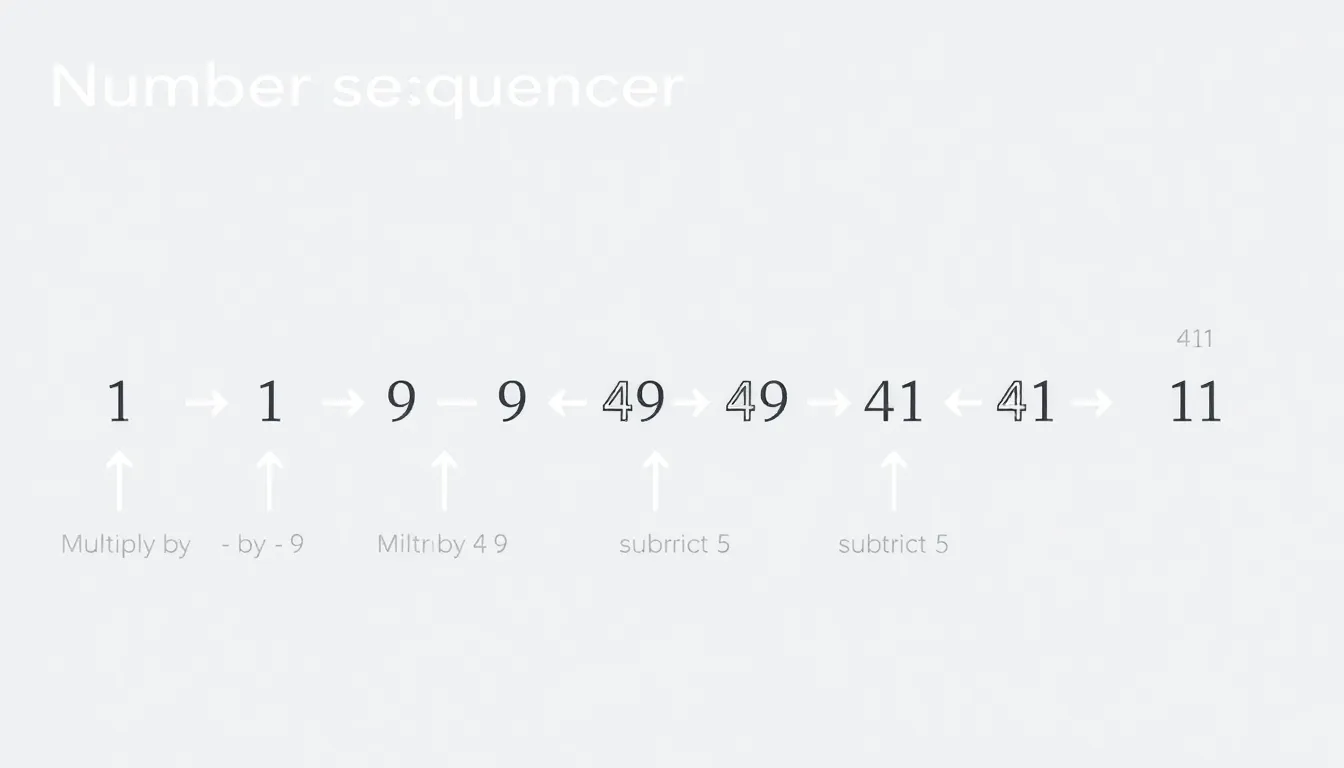 A clean educational infographic showing a number sequence pattern: each step from 1 to -1 to -9 to -41 with arrows labeled "multiply by 4, subtract 5", plus a dashed arrow to a hidden 5th ter