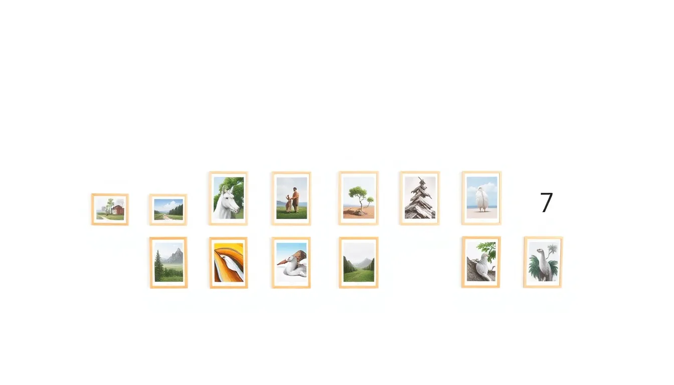 A minimalist LGS-style educational diagram: a white background with rows of framed paintings arranged in a growing pattern. Row 1 has 1 painting, row 2 has 3, row 3 has 5, row 4 has 7. Clean