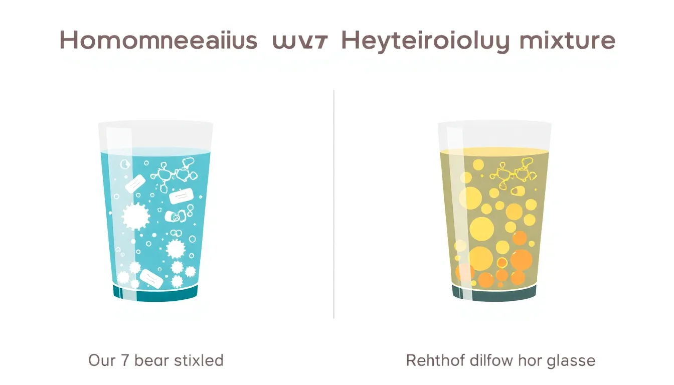 A clean educational infographic comparing homogeneous and heterogeneous mixtures. Left side: a uniform glass of saltwater, fully transparent, no visible particles. Right side: a glass with di