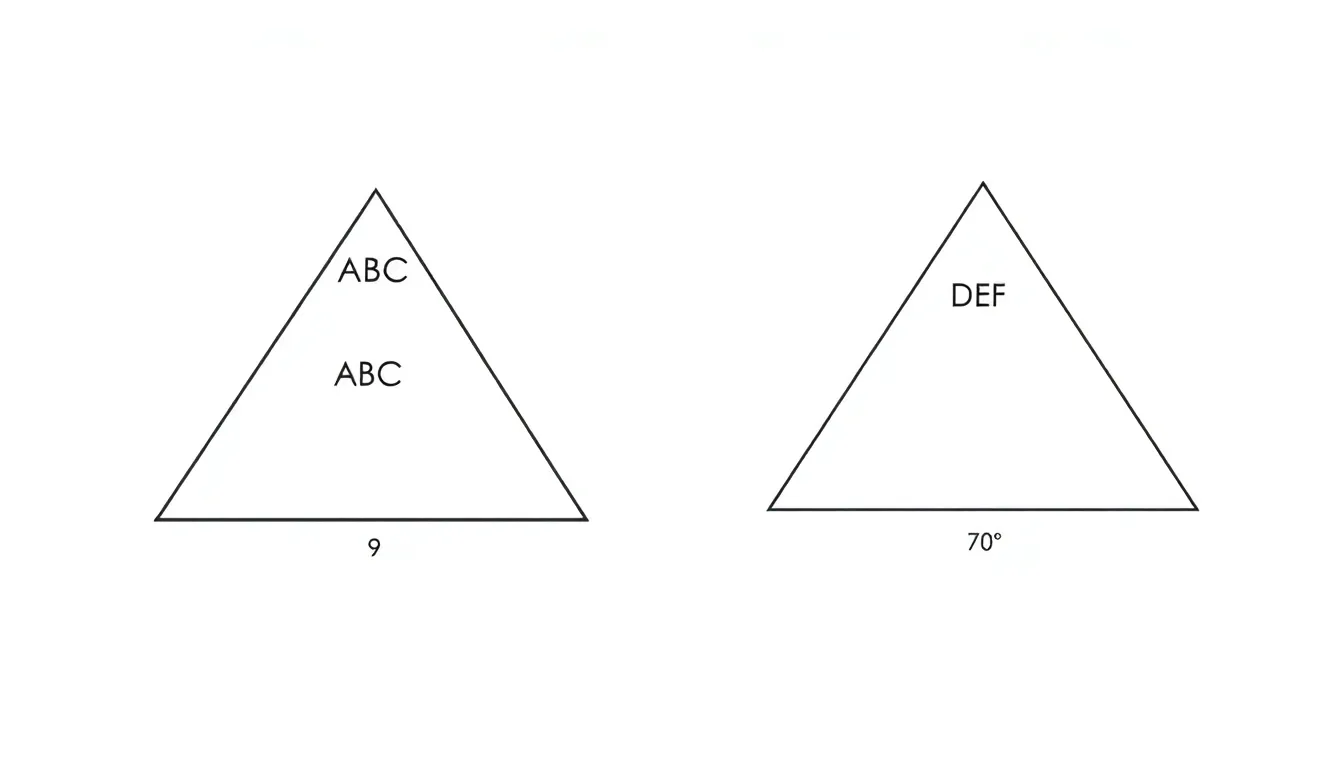 A clean educational diagram of two triangles, ABC and DEF, on a light background. Triangle ABC has side AB labeled 9 cm, AC labeled 12 cm, and angle A measured 70°. Triangle DEF has side DE l