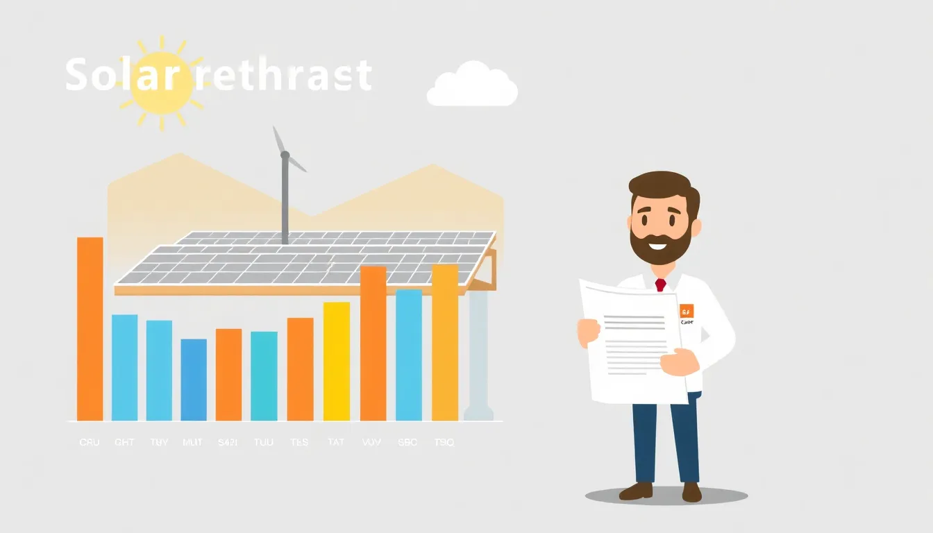 A minimal educational infographic showing a solar energy plant in Denizli, Turkey. A flat icon of an engineer named Caner holding a report next to a bar chart with 12 monthly bars representin