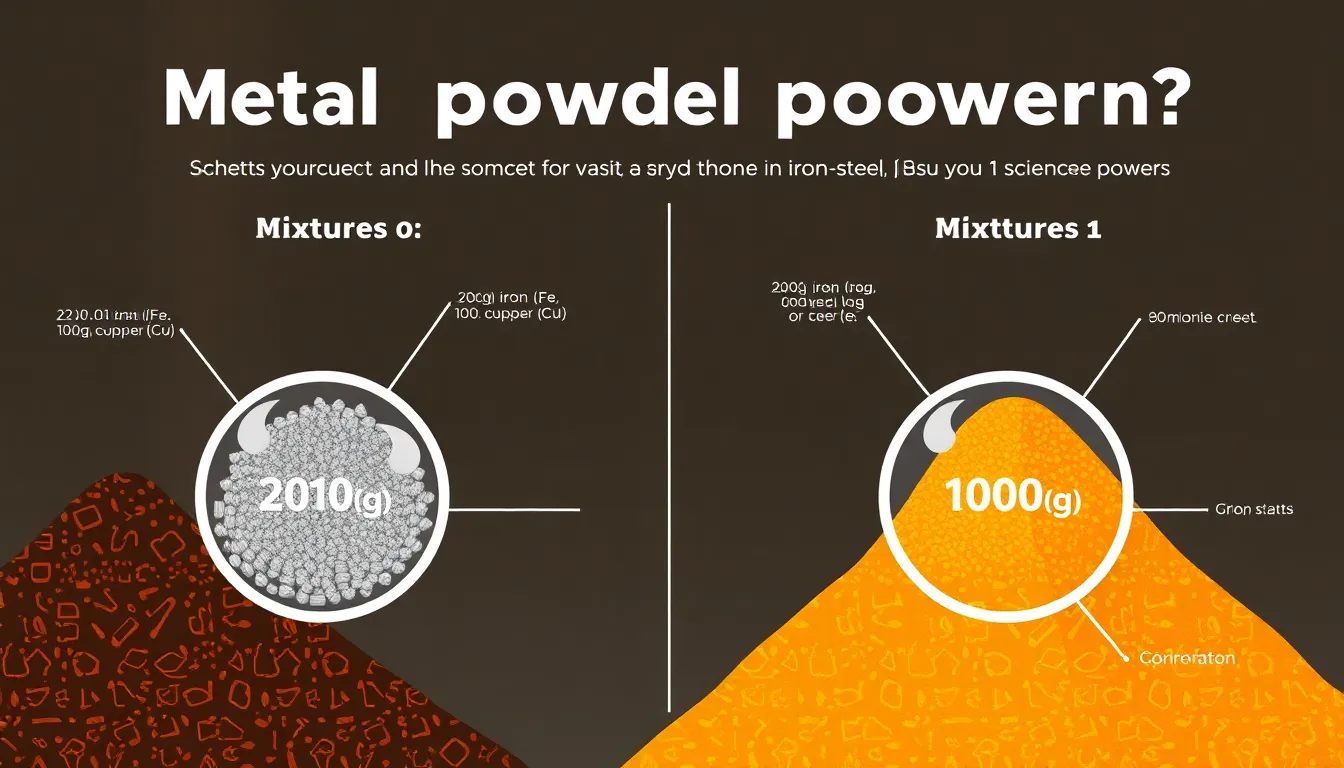 Create a clean educational infographic for an LGS science question: Two metal powder mixtures for waste management in an iron-steel factory. Mixture 1: 200g iron (Fe), 100g copper (Cu), and 1