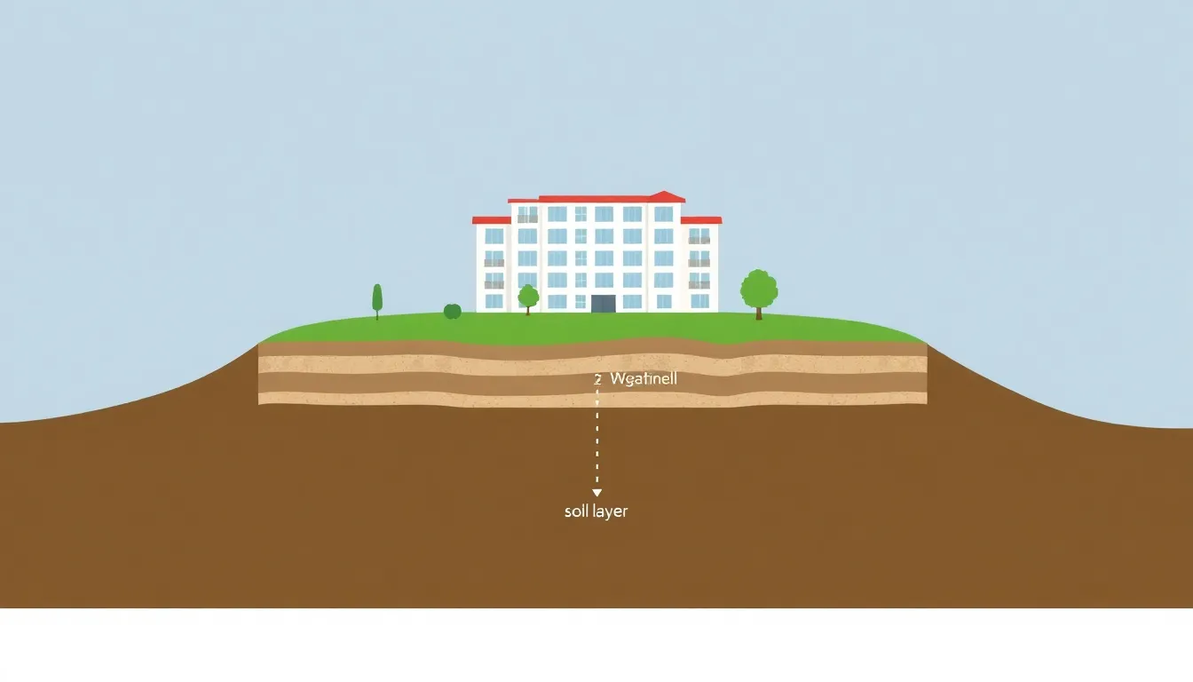 A clean educational infographic showing a cross-section diagram of 12-story hotel foundation near Fırat River in Elazığ. Top layer: 2-meter soft alluvium soil. Minimalist scientific illustrat