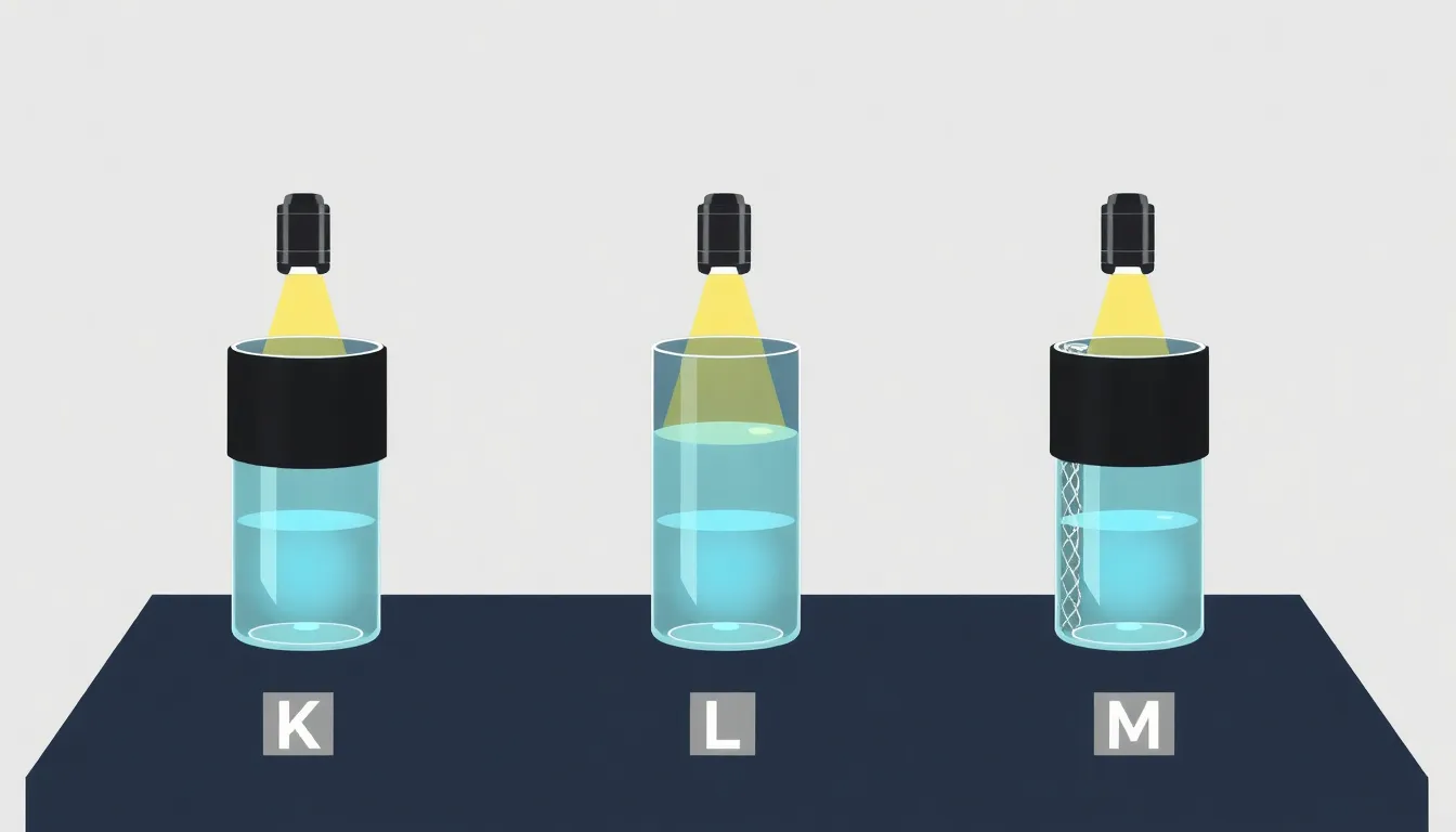 A clean educational diagram showing three identical experimental setups labeled K, L, M. Each has a flashlight pointing at a glass water container wrapped in black cardboard, aluminum foil, and plasti