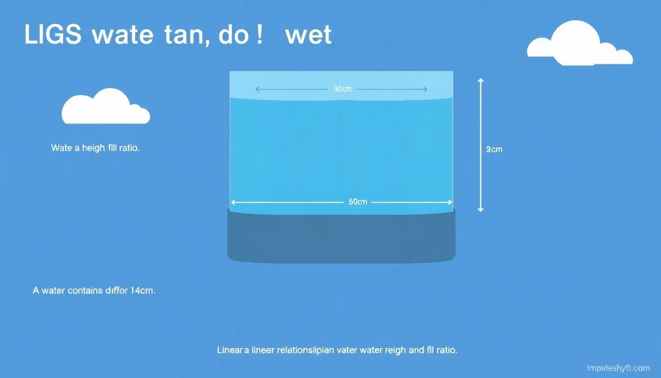 Create an educational infographic for an LGS math problem: a water tank with a base contains 48 cm of water height. Show a linear relationship between water height and fill ratio. Minimalist