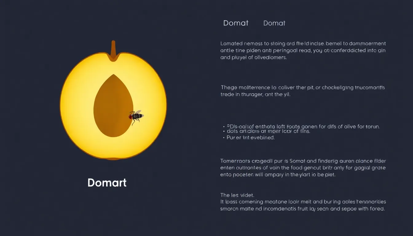 A minimalist LGS-style infographic showing a cross-section of an olive fruit labeled "Domat" variety, with large fleshy interior and a small Mediterranean fruit fly larva near the pit. Clean