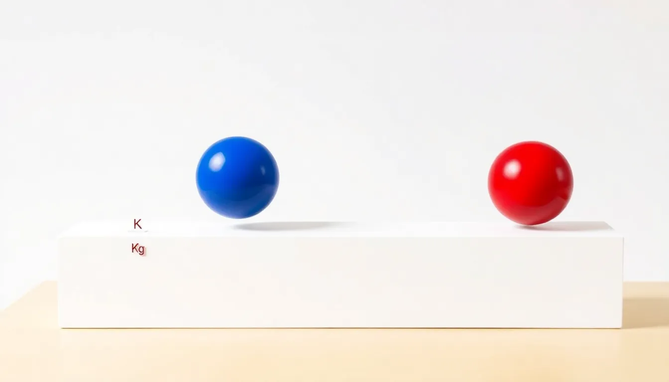 A simple educational diagram on a white background: an inclined plane with two identical balls released from point K at the top. One ball is blue (labeled 200g) and one is red. Both balls rol
