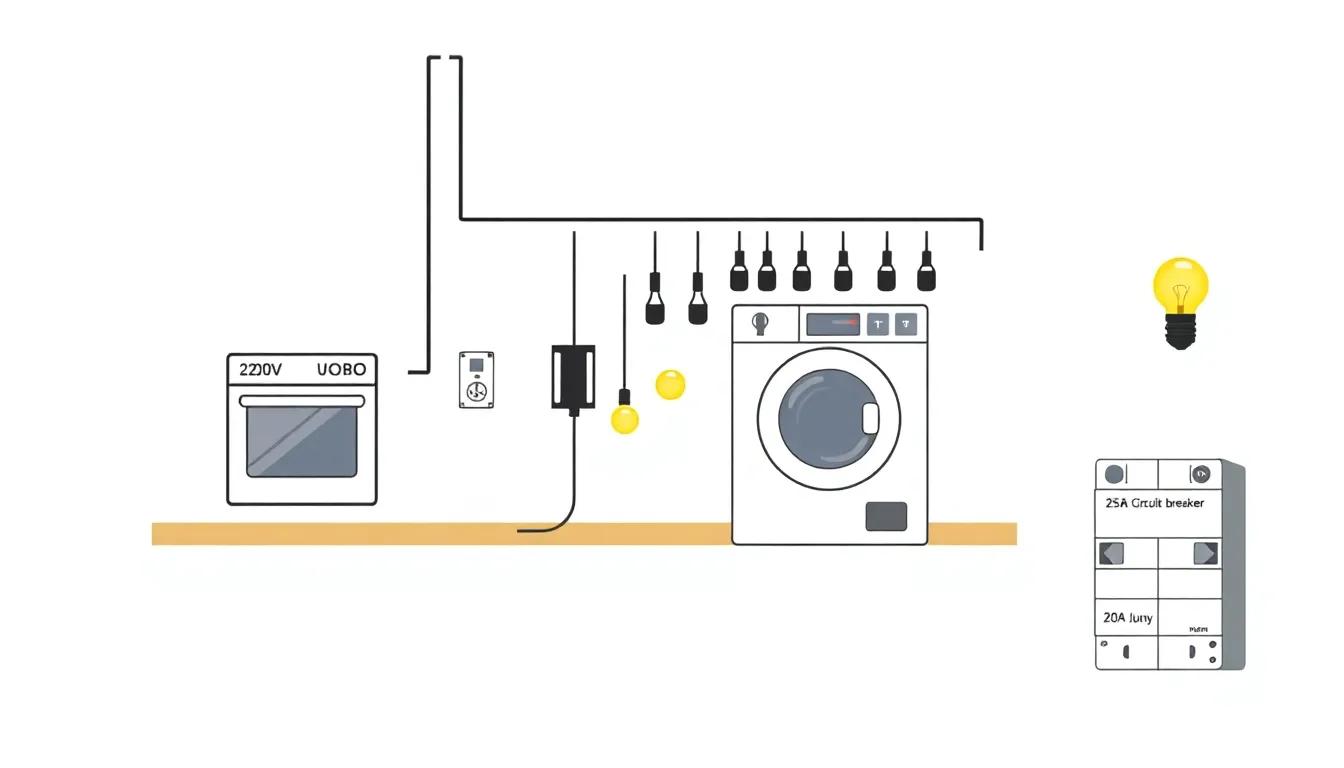 A clean educational diagram showing a house interior circuit with a 220V mains line. On one wall, a 2400W electric oven and a 1800W washing machine are plugged into the same socket. Nearby, five 100W
