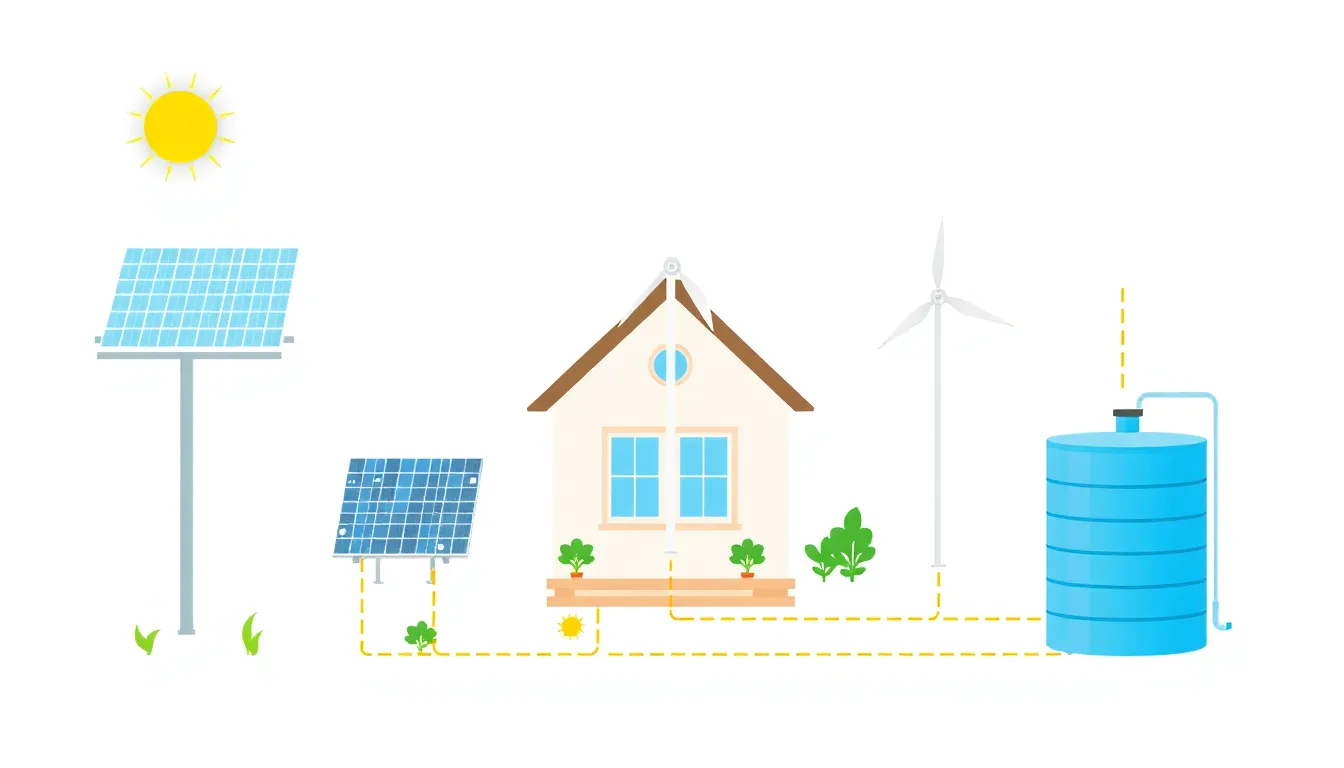 A clean educational infographic: a house garden setup with a solar panel, wind turbine, and water tank connected by arrows showing energy flow. Minimal white background, no text, LGS exam sty