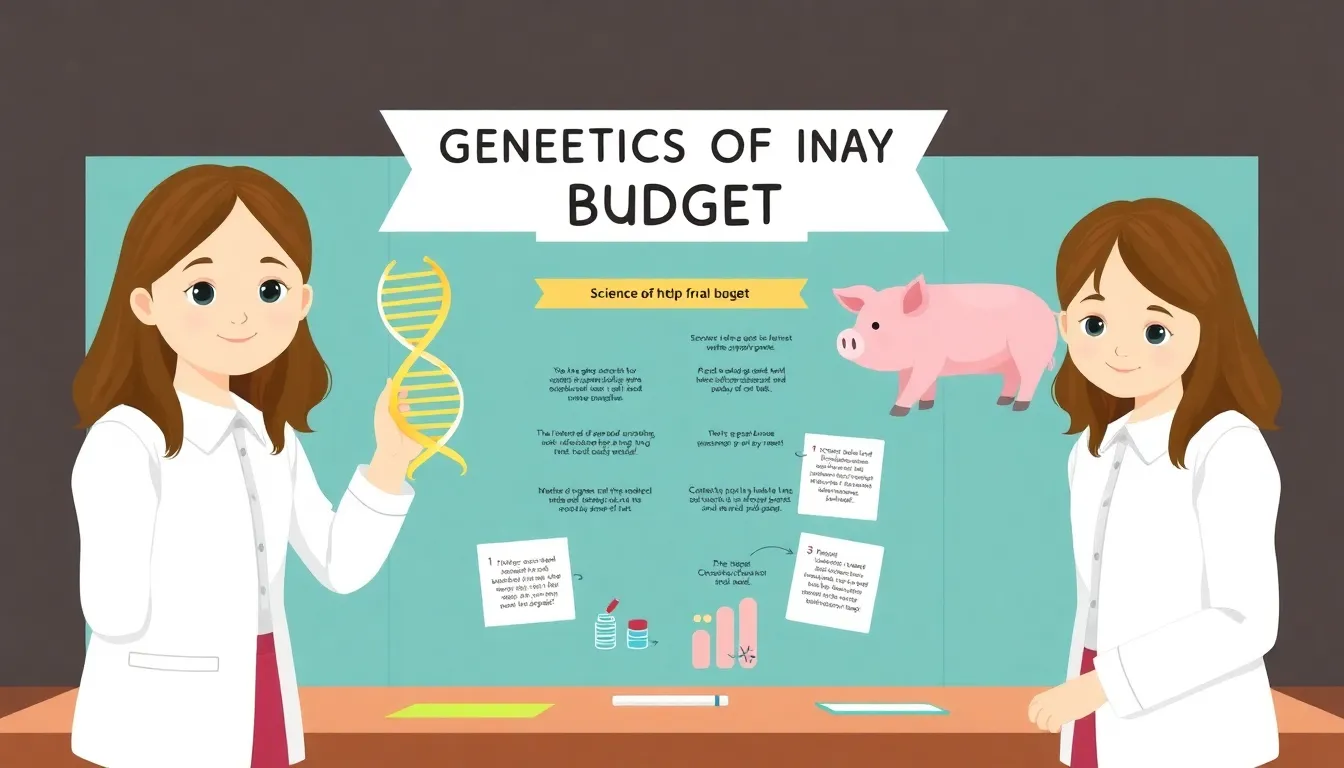 A clean educational infographic showing identical twin girls at a science fair in Tokat, presenting a project titled "Genetics of My Budget." One twin holds a DNA helix, the other holds a pig