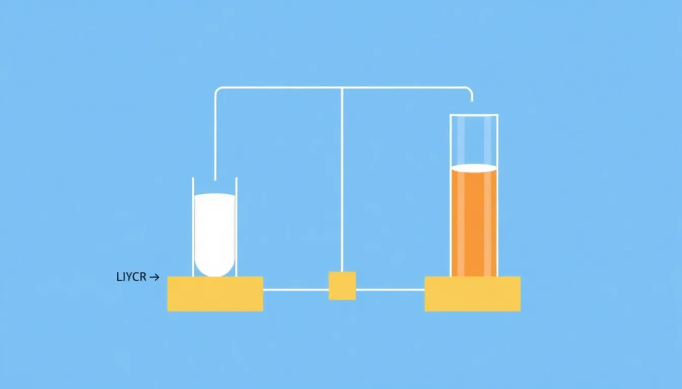 A minimal educational diagram of a hydraulic robotic arm experiment. Two vertical liquid-filled tubes connected at the base. Left tube has a small cross-sectional area, right tube has a large