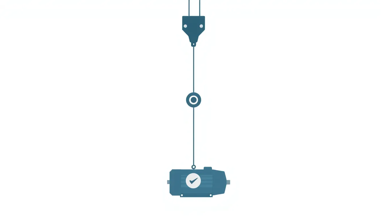 A minimal educational infographic: A crane lifting a 1500 N generator motor vertically 6 meters high. The motor shows power label 240 W. Simple pulley system, clean vector style, white backgr