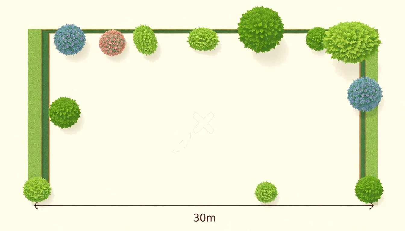 A minimalist educational LGS-style diagram: a light beige rectangular garden with short side labeled 30 meters in abstract form, two diagonal walking paths crossing at the center forming an X
